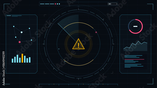 Data analysis dashboard displays warning signals and performance metrics with graphs and alerts in a dark interface design