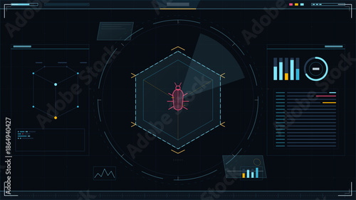 Display of a digital interface showing analysis of a bug in a software program with graphs and charts in a tech environment