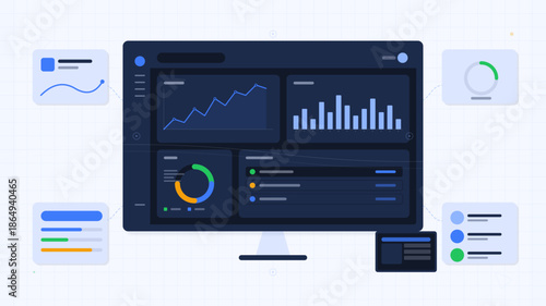 Data dashboard shows various graphs and metrics for performance tracking in a modern workspace setting