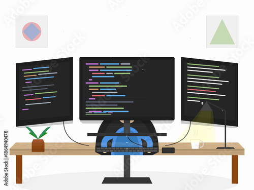 Three computer monitors set up on a desk displaying code with a plant and lamp in a workspace setting