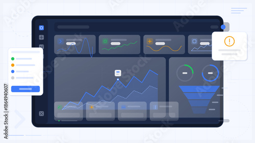 Data dashboard displays real-time analytics and trends for business performance tracking in digital format