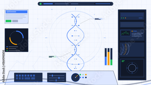 Visual representation of data analysis in a science lab showing DNA strands and graphs on a digital display