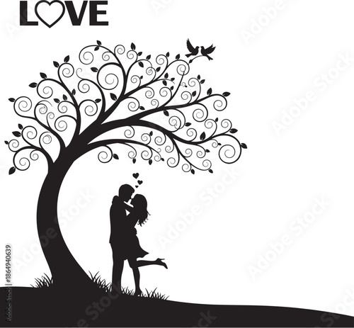 Silhouette of a romantic couple kissing under a decorative swirling tree with birds and love text, elegant wedding and anniversary decor.