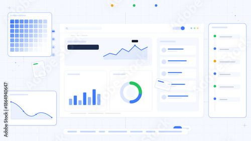 Data dashboard with graphs and charts showing trends and statistics for analysis over time in a digital workspace