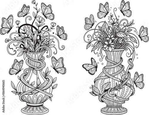 Intricate floral coloring page with butterflies flying around flowers in a decorative vase, detailed botanical line art for stress relief and relaxation.