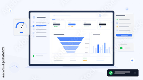 Data analysis dashboard showing various charts and statistics for business performance tracking in a digital workspace