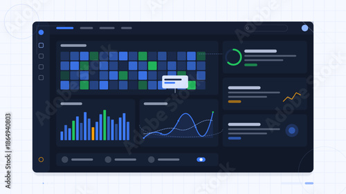 Dashboard display shows data visualizations and analytics tools on a digital interface for analysis in a workspace setting
