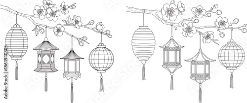 Hanging Decorative Asian Lanterns on a Cherry Blossom Sakura Branch, Traditional Oriental Festival Celebration Illustration in Line Art