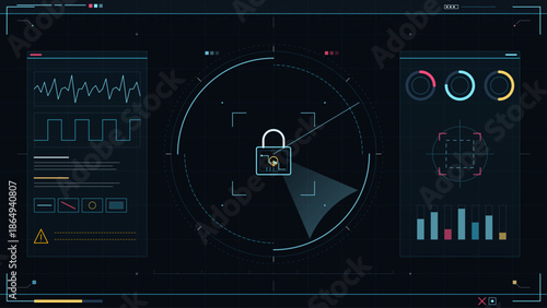 Digital interface showing a padlock with data metrics and graphs on a dark background with various indicators and readings