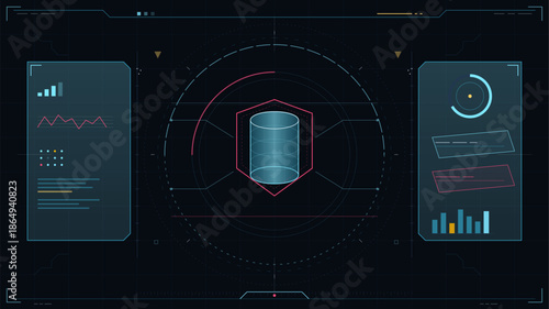 Display of a 3D cylinder object with data charts and graphs in a digital interface background during a technology presentation