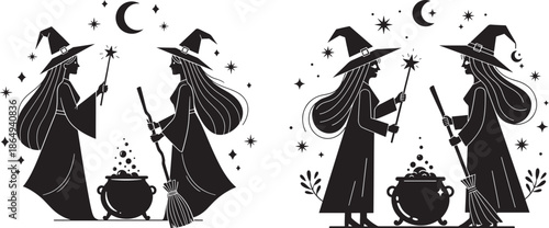 Silhouette of two witches with magic wands and brooms standing by a smoking cauldron under a crescent moon, Halloween magic and occult concept.