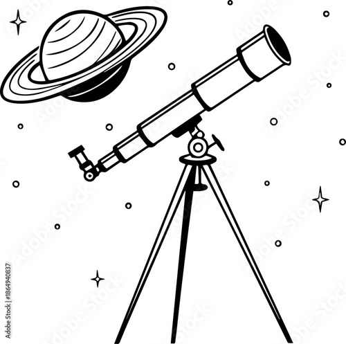 Telescope Observing Planet Space Black and White Vector Illustration