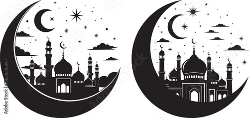 Black silhouette of a mosque inside a large crescent moon with stars and clouds, Islamic greeting card design for Ramadan Kareem and Eid Mubarak.