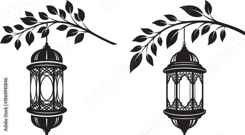 Set of two traditional Arabic lanterns hanging from a leafy tree branch, black silhouette for Ramadan decoration and Islamic festivals.