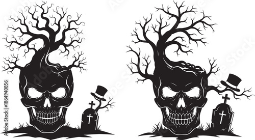 Spooky silhouette of two skulls with dead trees growing out of them next to a graveyard tombstone, macabre Halloween horror illustration.