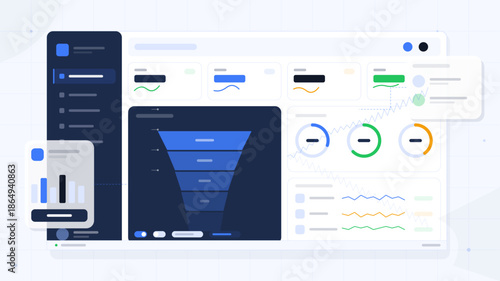Modern digital dashboard displays data metrics and analytics tools in a web interface for tracking business performance