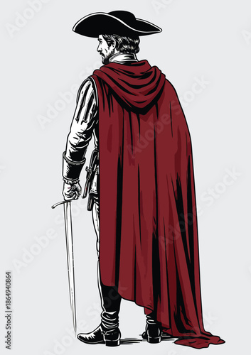 049-31-Musketeer character with red cape and sword standing, portraying adventure and history
