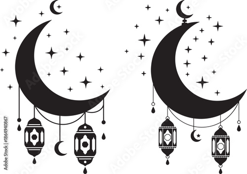 Two crescent moon designs with hanging decorative lanterns and stars, elegant black silhouette for Ramadan Kareem and Eid Mubarak theme.