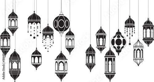 Large collection of various traditional hanging Islamic lanterns, black silhouettes of Fanous for Ramadan and religious celebrations.