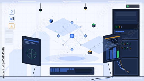 Modern workspace showing data analysis and design with multiple screens and graphical elements in a virtual environment
