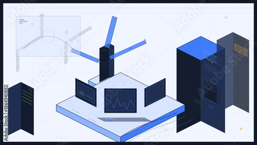 Digital display shows data analysis and technology in an office setting with monitors and graphs during daytime work hours