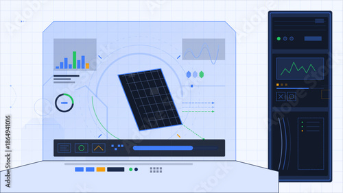 Data visualization tools display graphs and charts on a user interface with interactive elements and panels for analysis