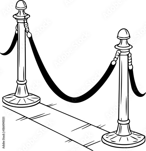 Rope Barrier Posts Queue Control Black and White Vector