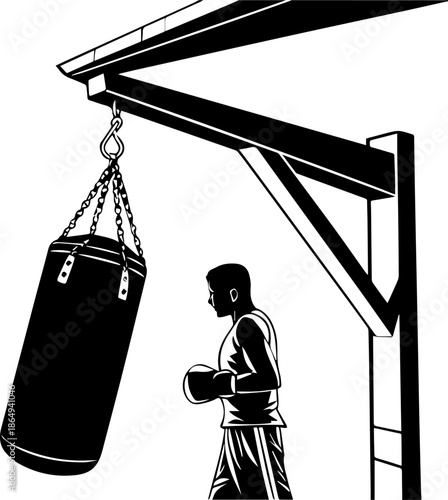 Boxer Training with Punching Bag Silhouette Vector Illustration