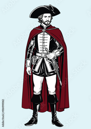 049-32-Nobleman man standing, wearing historical clothing with a sword and cape