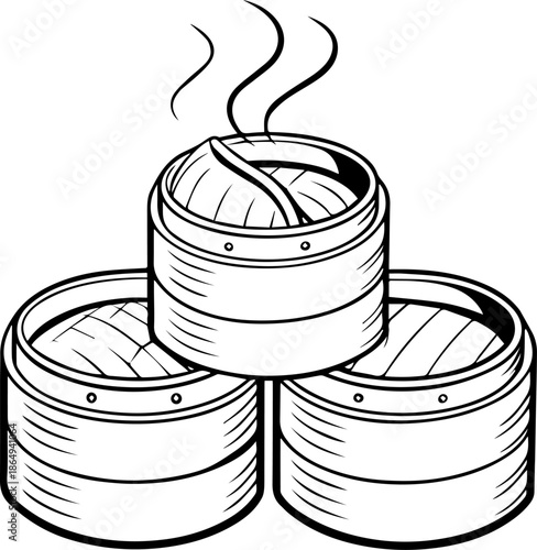 Bamboo Steamer Dim Sum Black and White Vector Illustration