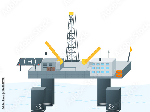 Offshore drilling rig stands in the sea with cranes and equipment for oil extraction and supply operations