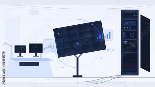 Data analysis setup with computer screens and server displaying charts and graphs in modern office environment