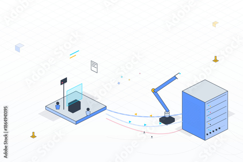 Robotic arm works in factory setting with server and processing unit on white background