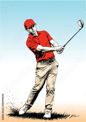 049-33-Golfer swinging golf club, turf flying, on a blue and orange background