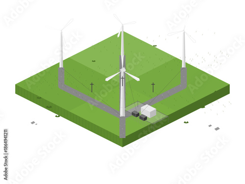 Wind turbines stand on green land with a small building and cross structures in a simple landscape design during daylight