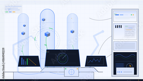 Data analysis and visualization on a digital workspace with graphs and charts during day time