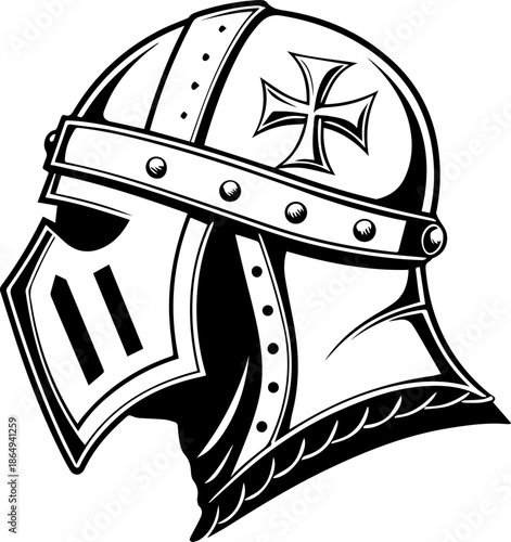 Medieval Knight Helmet Vector Illustration in Black and White Line Art