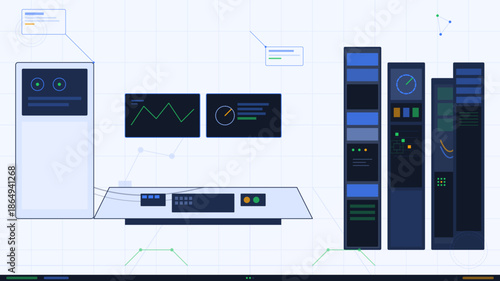 Graphical interface showing various data panels and control units at a technology workstation with screens and graphs displayed