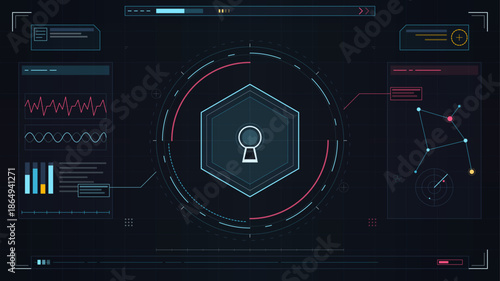 Data visualization and security metrics on a digital display in a technology workspace at night