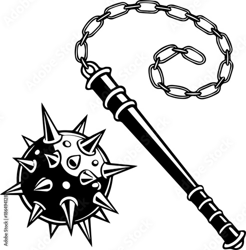 Medieval Flail Weapon Vector Illustration Black and White Line Art
