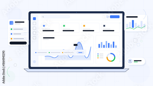 Data visualization platform showing graphs, charts, and metrics on a laptop screen with modern interface elements in use