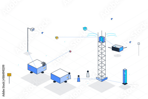 Drones delivering packages to vehicles in a modern urban setting during the day
