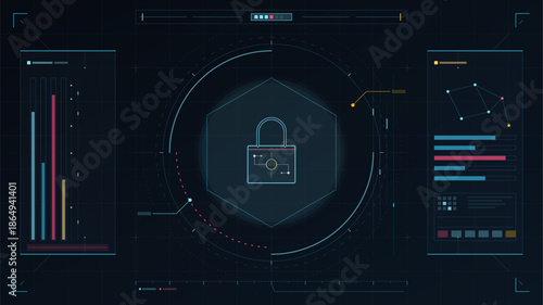 Digital interface shows lock icon with data visualization on a dark background representing cybersecurity concepts