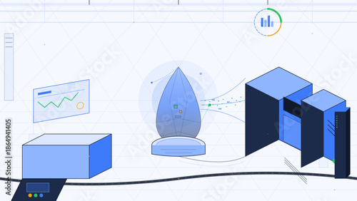Modern technology connects devices and displays data in a workspace setting showing graphs and server units