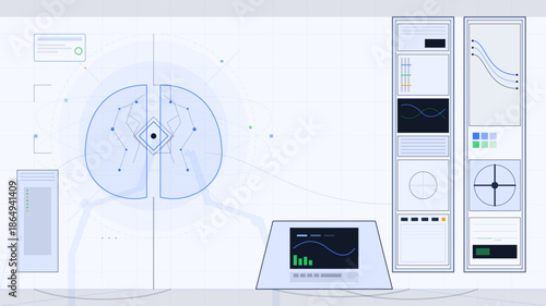 Digital representation of a brain interface with data visualization on screens in a tech environment