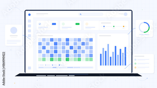 Display of a data management interface on a laptop screen with charts and graphs representing analysis and information organization