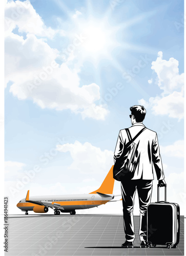 049-35-Man looking at a plane on the runway, anticipating travel and journeys