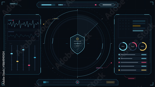 Data analysis interface shows system status, graphs, and metrics designed for monitoring security in real-time situations