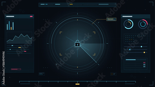 Visual display of a digital interface showing data analysis and security metrics on a black background