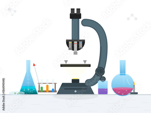 Looking at a microscope on a lab table with various glassware and colorful liquids during a science experiment